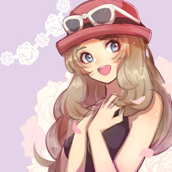 Rule 34 | 1girl, arms up, bare shoulders, black ribbon, black shirt, blonde hair, blue eyes, creatures (company), eyewear on headwear, floral background, game freak, glasses, hand on own chest, hands up, happy, hat, hat ribbon, long hair, looking to the side, nintendo, open mouth, petals, pokemon, pokemon xy, purple background, red hat, ribbon, sapphire yue, serena (pokemon), shirt, simple background, sleeveless, sleeveless shirt, smile, sunglasses, swept bangs, teeth, v arms