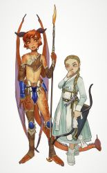 Rule 34 | 2girls, absurdres, animal hands, armor, blonde hair, blue dress, blue eyes, bow (weapon), braid, colored sclera, colored skin, contrapposto, dragon girl, dragon horns, dragon tail, dragon wings, dress, flat chest, grey legwear, hair over shoulder, height difference, heterochromia, highres, holding, holding bow (weapon), holding polearm, holding weapon, horn (instrument), horns, long hair, long sleeves, looking at another, monster girl, mossacannibalis, multiple girls, navel, original, parted lips, pointy ears, polearm, quiver, red eyes, red hair, red skin, sash, scales, short hair, simple background, socks, spear, standing, tail, weapon, white background, white sash, wings, yellow eyes, yellow sclera