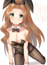 Rule 34 | 1girl, binsen, black leotard, black neckwear, blush, bow, bowtie, breasts, brown hair, brown pantyhose, cleavage, closed mouth, collar, commentary request, detached collar, forehead, green eyes, high ponytail, highres, idolmaster, idolmaster million live!, leotard, long hair, looking at viewer, medium breasts, multiple views, nikaidou chizuru, pantyhose, parted bangs, playboy bunny, ponytail, shadow, strapless, strapless leotard, thighband pantyhose, translation request, v-shaped eyebrows, very long hair, white background, white collar, wing collar
