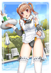 Rule 34 | 1girl, apron, brown eyes, brown hair, competition swimsuit, detached sleeves, frilled thighhighs, frills, highleg, highleg swimsuit, highres, long hair, maid, maid apron, maid headdress, mashinatsu, moe2015, one-piece swimsuit, original, pool, poolside, ribbon-trimmed legwear, ribbon trim, solo, swimsuit, swimsuit under clothes, thighhighs, tray, twintails, waitress