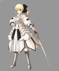 Rule 34 | 00s, 1girl, ahoge, armor, artoria pendragon (all), artoria pendragon (fate), bare shoulders, blonde hair, capcom, detached sleeves, dress, fate/stay night, fate/unlimited codes, fate (series), female focus, full body, gauntlets, green eyes, higurashi ryuuji, non-web source, ponytail, saber (fate), saber lily, simple background, solo, sword, takeuchi takashi, weapon