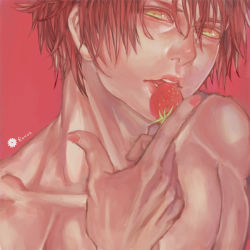 Rule 34 | 1boy, artist name, biting, close-up, eyelashes, food, fruit, green eyes, lips, looking at viewer, male focus, nail polish, original, red background, red hair, red nails, red theme, renos, topless male, simple background, solo, spiked hair, strawberry, teeth, toned, upper body