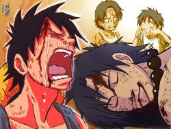 Rule 34 | 2boys, bandages, bandaid, black hair, blood, brothers, child, crying, death, dual persona, freckles, hat, unworn hat, unworn headwear, jewelry, male focus, marineford, monkey d. luffy, multiple boys, necklace, one piece, open mouth, portgas d. ace, scar, shirt, siblings, smile, straw hat, t-shirt, vest, aged down
