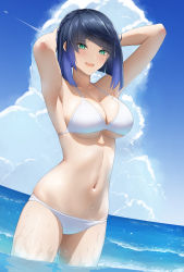 Rule 34 | 1girl, absurdres, aircraft, airplane, aqua eyes, armpits, arms behind back, arms up, bikini, blue hair, blue sky, bob cut, breasts, cleavage, cloud, contrail, cowboy shot, day, diagonal bangs, duplicate, genshin impact, highres, large breasts, looking at viewer, navel, open mouth, outdoors, pixel-perfect duplicate, rosumerii, short hair, sky, solo, stomach, swimsuit, thighs, underboob, wading, water, wet, white bikini, yelan (genshin impact)
