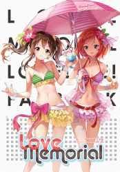 Rule 34 | 10s, 2girls, 77gl, bad id, bad pixiv id, bare shoulders, belt, bikini, blush, breasts, brown hair, cleavage, cup, drinking straw, flower, front-tie top, hair flower, hair ornament, holding, holding umbrella, long hair, looking at viewer, love live!, love live! school idol project, m/, medium breasts, multiple girls, natsuiro egao de 1 2 jump!, nishikino maki, open mouth, purple eyes, red eyes, red hair, short hair, simple background, skirt, small breasts, smile, striped background, striped bikini, striped clothes, sunglasses, swimsuit, twintails, umbrella, unworn eyewear, yazawa nico