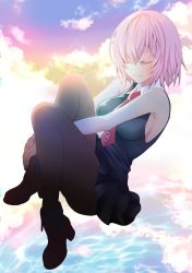 Rule 34 | 1girl, ankle boots, backlighting, bare arms, bare shoulders, black dress, black footwear, boots, breasts, closed eyes, closed mouth, cloud, cloudy sky, collared dress, dress, fate/grand order, fate (series), full body, hugging own legs, knees up, lips, mash kyrielight, medium breasts, necktie, own hands together, pantyhose, pink hair, print necktie, red necktie, sheepd, short hair, sideboob, sky, sleeveless, sleeveless dress, smile, solo, sunlight, water