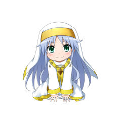 Rule 34 | 1girl, :3, alternate hair color, blue hair, blush, chibi, closed mouth, dress, green eyes, habit, highres, index (toaru majutsu no index), kuena, long hair, long sleeves, looking at viewer, nun, parted bangs, safety pin, simple background, smile, solo, toaru majutsu no index, very long hair, white background, white dress