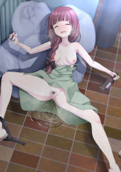 Rule 34 | 1girl, ^ ^, alcohol, beer, black bow, black panties, blunt bangs, blurry, blush, bocchi the rock!, bottle, bow, braid, breasts, breath, brown footwear, censored, closed eyes, clothes pull, collarbone, depth of field, dress, dress pull, drink, drinking straw, drooling, drunk, fang, female focus, female pubic hair, geta, green dress, hair bow, hair over shoulder, hand up, happy, highres, hiroi kikuri, holding, holding bottle, holding drink, juice box, long hair, lying, mosaic censoring, ms himematu, nipples, no bra, no panties, nose blush, on back, open mouth, outdoors, panties, panties around leg, pee, peeing, peeing self, pubic hair, puddle, pussy, railing, red hair, saliva, sandals, shiny skin, sidelocks, single braid, single sandal, sleeping, sleeveless, sleeveless dress, small breasts, smile, solo, spaghetti strap, spread legs, steam, thighs, tile floor, tiles, trash bag, underwear, upskirt