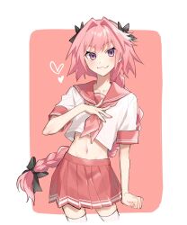 Rule 34 | 1boy, astolfo (fate), astolfo (sailor paladin) (fate), black bow, blush, bow, braid, clenched hand, cropped shirt, fang, fate/extella, fate/extella link, fate/extra, fate/grand order, fate (series), hair bow, hair intakes, hand on own chest, heart, highres, light blush, long hair, looking at viewer, male focus, midriff, multicolored hair, pink hair, pink sailor collar, pink serafuku, pink skirt, pleated skirt, purple eyes, red sailor collar, sailor collar, sailor shirt, school uniform, serafuku, shirt, short sleeves, simple background, single braid, skin fang, skirt, smile, solo, streaked hair, tanaka (pixiv 51053205), thighhighs, trap, two-tone background, very long hair, white hair, white shirt, white thighhighs