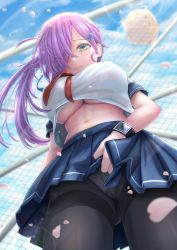 Rule 34 | 1girl, absurdres, azur lane, black pantyhose, black skirt, blue ribbon, breasts, chain-link fence, clothes lift, covered erect nipples, crop top, crop top overhang, day, fence, from below, gluteal fold, green eyes, hair over one eye, hair ribbon, highres, large breasts, lifted by self, long hair, looking at viewer, looking down, manjuu (azur lane), miniskirt, neckerchief, official alternate costume, outdoors, panties, panties under pantyhose, pantyhose, petals, pleated skirt, purple hair, red neckerchief, ribbon, shirt, shirt overhang, short sleeves, skirt, skirt lift, smartwatch, solo, thighband pantyhose, trieste (azur lane), trieste (rooftop lunch break) (azur lane), underboob, underwear, uniform, white shirt, wristwatch, zusshii (libertasgenesis)