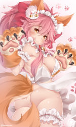 Rule 34 | 1girl, animal ear fluff, animal ears, animal hands, apron, ass, bare shoulders, bell, blush, bow, breasts, bridal garter, brown eyes, butt crack, cat hair ornament, collar, fate/grand order, fate (series), fox ears, fox tail, hair bow, hair ornament, hands up, heart, highres, kentchiro souriyadeth, large breasts, long hair, looking at viewer, looking back, maid headdress, nearly naked apron, neck bell, paw print, pink hair, ponytail, sideboob, smile, solo, tail, tamamo (fate), tamamo cat (fate), tamamo cat (third ascension) (fate), tamamo no mae (fate/extra), twitter username, watermark