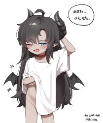 1girl absurdres ahoge black_horns black_wings blue_eyes blush bottomless choker commentary_request commission dark-skinned_female dark_skin dated demon_girl demon_horns demon_wings fang flat_chest highres horns korean_commentary korean_text loli naked_shirt one_eye_closed open_mouth original pointy_ears red_choker shirt short_sleeves signature silverbell_(yooeunjong) solo speech_bubble t-shirt white_shirt wings