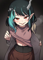 Rule 34 | 1girl, alternate costume, black hair, black pantyhose, blue hair, blush, breasts, brown coat, brown shirt, brown skirt, clothes lift, coat, commentary request, covered navel, cowboy shot, demon girl, demon horns, eye hair ornament, fang, grey background, heebee, horns, leaning forward, lifted by self, looking at viewer, medium bangs, medium hair, multicolored hair, nanashi inc., open clothes, open coat, open mouth, pantyhose, pointy ears, red eyes, shirt, shirt lift, shishio chris, skirt, small breasts, smile, solo, steaming body, turtleneck, two-tone hair, virtual youtuber