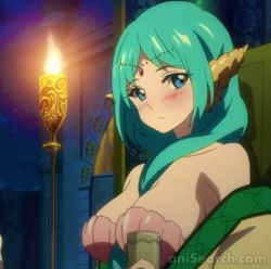 Rule 34 | 1girl, aqua hair, blue eyes, blush, breasts, candle, female focus, fire, fire, hair ornament, large breasts, looking at viewer, lowres, magi the labyrinth of magic, shell bikini, solo, tagme, upper body, yamuraiha
