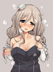 Rule 34 | 10s, 1girl, bare shoulders, blush, breasts, brown eyes, brown hair, cassandra (seishun katsu sando), cleavage, collarbone, commentary, eyebrows, grey background, hair between eyes, heavy breathing, kantai collection, large breasts, long hair, long sleeves, looking at viewer, nose blush, open mouth, pola (kancolle), simple background, solo, strap slip, sweat, undressing, upper body, wavy hair