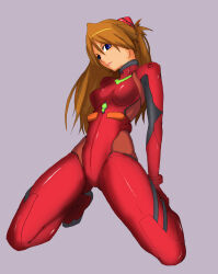 Rule 34 | 1girl, artist request, ass, blue eyes, bodysuit, breasts, brown hair, full body, kneeling, light smile, lips, long hair, looking at viewer, neon genesis evangelion, parted lips, plugsuit, red bodysuit, shiny clothes, simple background, skin tight, smile, souryuu asuka langley, very long hair, wide hips