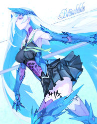 Rule 34 | 1girl, armor, armpits, bare shoulders, blue hair, breasts, brynhildr (fate), fate/prototype, fate/prototype: fragments of blue and silver, fate (series), gauntlets, greaves, long hair, looking at viewer, pleated skirt, purple eyes, ryuuzaki ichi, sailor collar, skirt, solo, very long hair