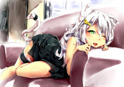 Rule 34 | 1girl, ;d, animal ears, bare shoulders, cat ears, cat tail, couch, green eyes, hair ornament, hairclip, bridal garter, long hair, looking at viewer, one eye closed, open mouth, original, packge, silver hair, smile, solo, tail, wink
