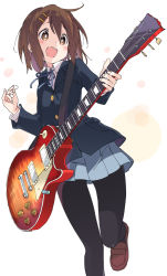 Rule 34 | 1girl, black pantyhose, blue neckwear, blue ribbon, blue skirt, blush, brown eyes, brown hair, electric guitar, gibson les paul, guitar, hair ornament, hairclip, hirasawa yui, instrument, ixy, k-on!, long sleeves, open mouth, pantyhose, pleated skirt, ribbon, school uniform, short hair, simple background, skirt, smile, solo, white background