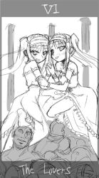 Rule 34 | 00s, 2boys, 2girls, euryale (fate), fate/hollow ataraxia, fate/stay night, fate (series), greyscale, lowres, monochrome, multiple boys, multiple girls, siblings, sisters, sketch, stheno (fate), tarot, tarot (medium), the lovers (tarot), twins