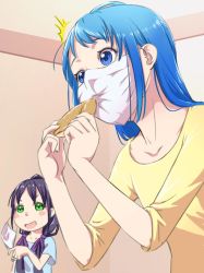 Rule 34 | 2girls, blue eyes, blue hair, blue shirt, food, green eyes, hair ribbon, holding, holding food, kantai collection, low twintails, mask, mask pull, mouth mask, multiple girls, naohito (shin7010), open mouth, purple ribbon, ribbon, samidare (kancolle), shirt, short sleeves, smile, surgical mask, suzukaze (kancolle), twintails, yellow shirt