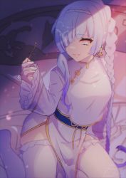 Rule 34 | 1girl, bed, blue hair, braid, china dress, chinese clothes, copyright request, dress, frilled thighhighs, frills, hair over one eye, hand up, highres, holding, indoors, kitasaya ai, long hair, long sleeves, mimikaki, no shoes, on bed, parted lips, pelvic curtain, red hair, single braid, sitting, sleeves past fingers, sleeves past wrists, solo, thighhighs, very long hair, virtual youtuber, white dress, white thighhighs, wide sleeves, yokozuwari
