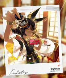 Rule 34 | 1girl, animal ears, artist request, black dress, box, bracelet, brown hair, character name, copyright name, cowboy shot, dark-skinned female, dark skin, dress, food, gift, gift box, girls&#039; frontline, girls&#039; frontline neural cloud, highres, holding, holding gift, imhotep (neural cloud), indoors, jacket, jewelry, long hair, looking at viewer, macaron, mole, mole under eye, official art, polaroid, short sleeves, smile, solo, valentine, white jacket, window, yellow eyes