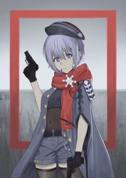 Rule 34 | 1girl, absurdres, black gloves, black thighhighs, blue eyes, blue hair, buttons, covered navel, cowboy shot, double-breasted, dual wielding, girls&#039; frontline, gloves, gun, hair ornament, hairclip, handgun, hat, highres, holding, holding gun, holding weapon, looking at viewer, military hat, mod3 (girls&#039; frontline), mp-446 (girls&#039; frontline), mp-446 (mod3) (girls&#039; frontline), mp-446 viking, red scarf, scarf, short hair, shorts, solo, spitzernt, standing, thighhighs, thighs, trigger discipline, weapon