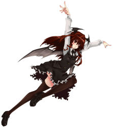 Rule 34 | 1girl, arms up, bat wings, embodiment of scarlet devil, female focus, full body, head wings, jumping, koakuma, koge-owl, loafers, long hair, outstretched arms, red eyes, red hair, shoes, simple background, solo, thighhighs, touhou, white background, wings