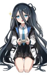 Rule 34 | 1girl, ankle socks, aris (blue archive), bare legs, black coat, black hair, black hairband, black skirt, black socks, blue archive, blue eyes, blue necktie, boukensha c, bow-shaped hair, coat, collared shirt, controller, double-parted bangs, full body, game controller, hair between eyes, hairband, highres, holding, holding controller, holding game controller, light blush, long hair, looking at viewer, multicolored coat, necktie, no shoes, one side up, open clothes, open coat, open mouth, pleated skirt, shirt, shirt tucked in, sidelocks, simple background, sitting, skirt, socks, sparkle, two-sided coat, two-sided fabric, two-tone coat, v-shaped eyebrows, very long hair, wariza, white background, white coat, white shirt