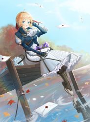 Rule 34 | 1girl, absurdres, ahoge, black gloves, blonde hair, blue eyes, blue jacket, blush, boots, braid, breasts, commentary request, cross-laced footwear, daengdaeng, day, dress, gloves, hair between eyes, hair intakes, hair ribbon, highres, jacket, jewelry, lace-up boots, leaf, letter, long sleeves, looking at viewer, open mouth, outdoors, plantar flexion, red ribbon, ribbon, short hair, sitting, small breasts, solo, umbrella, violet evergarden, violet evergarden (series), water, white neckwear