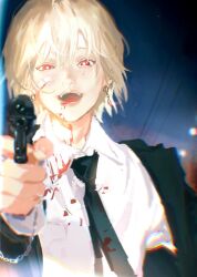 Rule 34 | 1boy, 637 00e seran, aiming, aiming at viewer, bandaid, bandaid on cheek, bandaid on face, black jacket, black necktie, blonde hair, blood, blood on clothes, blood on face, blurry, chain, collared shirt, commentary, depth of field, earrings, formal, gun, hand up, handgun, highres, holding, holding gun, holding weapon, hunter x hunter, jacket, jewelry, kurapika, long sleeves, male focus, necktie, open mouth, outstretched arm, power lines, red eyes, shirt, short hair, sky, solo, suit, twilight, upper body, weapon, white shirt