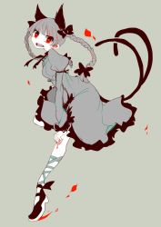 Rule 34 | 1girl, animal ears, bow, braid, cat ears, cat tail, dress, fingernails, full body, grey background, hair bow, juliet sleeves, kaenbyou rin, leg up, long sleeves, looking at viewer, monochrome, multiple tails, neck ribbon, nekomata, ngayope, open mouth, puffy sleeves, red eyes, ribbon, sharp fingernails, shoes, smile, solo, spot color, tail, touhou, twin braids, two tails