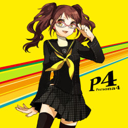 Rule 34 | atlus, brown eyes, buzz (moi), earrings, glasses, jewelry, kujikawa rise, persona, persona 4, red hair, school uniform, skirt, thighhighs, twintails