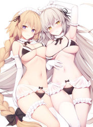 Rule 34 | 2girls, ahoge, arm up, asymmetrical docking, black bow, black bra, black panties, blonde hair, blush, bow, bra, braid, breast press, breast suppress, breasts, bridal garter, cleavage, closed mouth, detached collar, elbow gloves, fate/apocrypha, fate/grand order, fate (series), frilled gloves, frills, gloves, hair bow, hand on own stomach, hand on own thigh, jeanne d&#039;arc (fate), jeanne d&#039;arc (ruler) (fate), jeanne d&#039;arc alter (fate), large breasts, long hair, looking at viewer, lying, maid headdress, miko (royal milk), multiple girls, navel, on back, panties, purple eyes, sidelocks, silver hair, simple background, single braid, single thighhigh, smile, stomach, thighhighs, underwear, very long hair, white background, white gloves, white legwear, yellow eyes