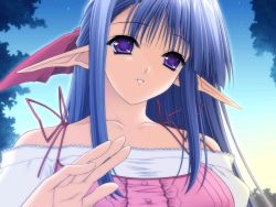 Rule 34 | 00s, 1girl, bare shoulders, blue hair, collarbone, day, game cg, half updo, lycoris, parted lips, pointy ears, purple eyes, shuffle!, sky, solo, suzuhira hiro, tick! tack!, upper body