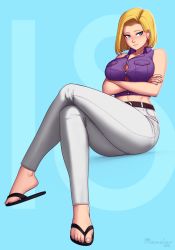 Rule 34 | 1girl, android 18, blonde hair, blue eyes, blush, breast hold, breasts, bursting breasts, cleavage, commission, crossed arms, dragon ball, dragonball z, earrings, eyeliner, feet, full body, highres, invisible chair, jewelry, large breasts, legs, crossed legs, lips, long legs, looking away, makeup, midriff, no bra, pants, razalor, sandals, shirt, short hair, sitting, sleeveless, sleeveless shirt, solo, thighs, toes