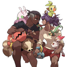 Rule 34 | 2boys, alternate costume, black hair, black shirt, closed mouth, commentary, creatures (company), dark-skinned male, dark skin, doll, dreepy, earrings, eye contact, facial hair, frown, game freak, gen 3 pokemon, gen 6 pokemon, gen 8 pokemon, goomy, grookey, highres, holding, holding doll, jewelry, knees, leon (pokemon), looking at another, male focus, multiple boys, nintendo, on head, pokemon, pokemon (creature), pokemon on head, pokemon swsh, purple hair, raihan (pokemon), red shorts, redlhzz, scorbunny, shirt, short hair, short sleeves, shorts, silicobra, sobble, sweater, t-shirt, trapinch, undercut