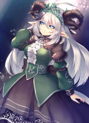 Rule 34 | 1girl, ahoge, arm belt, back bow, black sclera, black skirt, blue eyes, bow, breasts, center frills, character request, closed mouth, colored sclera, crescent, crescent earrings, dress, earrings, frills, fur collar, green dress, green sleeves, grey hair, hair between eyes, horns, jewelry, long hair, medium breasts, multiple horns, pointy ears, purple nails, skirt, solo, tiara, tomobe kinuko, vrchat