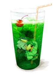 Rule 34 | 1girl, cherry, chibi, cup, drinking straw, female focus, food, fruit, green eyes, green hair, ice, in container, in cup, kaio (watagami), kawashiro nitori, looking at viewer, matching hair/eyes, mini person, minigirl, simple background, solo, touhou, white background