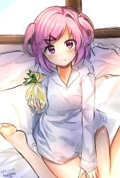 Rule 34 | 1girl, bad anatomy, bag, bare legs, barefoot, commentary request, dated, doki doki literature club, frown, hair ornament, hairclip, hand on lap, head tilt, highres, long sleeves, looking at viewer, natsuki (doki doki literature club), no pants, pink eyes, pink hair, sea scorpion (umisasori), shirt, short hair, signature, sitting, sketch, solo, sweatdrop, two side up, white shirt