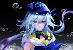 Rule 34 | 1boy, androgynous, arknights, black background, blue hair, blue hat, crossed bangs, crying, crying with eyes open, hair between eyes, hat, highres, male focus, mizuki (arknights), pale skin, purple eyes, raicyou7, rain, tearing up, tears, water drop