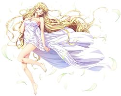 Rule 34 | 1girl, absurdly long hair, barefoot, blonde hair, desire (c&#039;s ware), floating hair, full body, green eyes, long hair, official art, parted lips, petals, simple background, solo, tajima nao, tina (desire), very long hair, white background