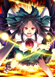 Rule 34 | &gt;:d, 1girl, :d, arm cannon, black hair, black wings, bow, breasts, cape, commentary request, explosion, feathered wings, frilled skirt, frills, green bow, green skirt, hair bow, legs apart, long hair, looking at viewer, medium breasts, nogisaka kushio, open mouth, puffy short sleeves, puffy sleeves, red eyes, reiuji utsuho, short sleeves, skirt, smile, solo, third eye, touhou, v-shaped eyebrows, weapon, wings