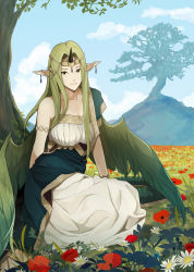 Rule 34 | 1girl, absurdres, armlet, blue sky, closed mouth, cloud, day, dress, earrings, fire emblem, fire emblem echoes: shadows of valentia, flower, green hair, highres, horns, jewelry, long hair, mila (fire emblem), nintendo, outdoors, pointy ears, single horn, sitting, sky, smile, solo, tree, yayster