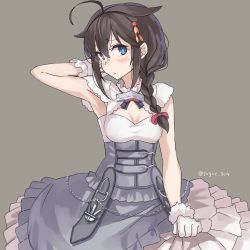 Rule 34 | 1girl, ahoge, armpit cutout, black hair, blue eyes, braid, breasts, cleavage, cleavage cutout, clothing cutout, conte di cavour (kancolle), conte di cavour (kancolle) (cosplay), conte di cavour nuovo (kancolle), conte di cavour nuovo (kancolle) (cosplay), corset, cosplay, dress, frilled dress, frills, gloves, grey background, hair flaps, hair ornament, hair over shoulder, highres, kantai collection, layered dress, medium breasts, shigure (kancolle), simple background, single braid, solo, sugue tettou, twitter username, two-tone dress, white dress, white gloves