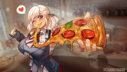 Rule 34 | 1girl, absurdres, asymmetrical bangs, black gloves, black ribbon, breasts, chance8000, cheese, cheese trail, eating, fingerless gloves, food, girls&#039; frontline, gloves, grey hair, hair ribbon, heart, highres, holding, holding food, holding pizza, large breasts, long hair, looking at viewer, one eye closed, pepperoni, pizza, pizza slice, red eyes, ribbon, solo, spas-12 (girls&#039; frontline), speech bubble, spoken heart, standing, twintails