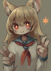 Rule 34 | 1girl, :&gt;, animal ear fluff, animal ears, blonde hair, blue sailor collar, blush stickers, closed mouth, grey background, hair flaps, hands up, highres, leaf, long hair, long sleeves, looking at viewer, maple leaf, neckerchief, okame nin, original, red neckerchief, sailor collar, school uniform, serafuku, shirt, simple background, smile, solo, v, white shirt