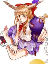 Rule 34 | 1girl, :o, arm up, bare shoulders, blunt bangs, blurry, blush, bottle, bow, breasts, bright pupils, brown eyes, chain, cuffs, depth of field, footwear bow, foreshortening, from above, gourd, hair bow, highres, holding, holding bottle, horn ornament, horn ribbon, horns, ibuki suika, incoming drink, indian style, kuya (hey36253625), long hair, looking at viewer, open mouth, orange hair, petticoat, purple ribbon, purple skirt, red bow, red neckwear, ribbon, shackles, shirt, sidelocks, simple background, sitting, sketch, skirt, small breasts, solo, torn clothes, touhou, very long hair, white background, white pupils, white shirt