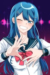 Rule 34 | 1girl, blue eyes, blue hair, blush, bow, collarbone, commentary request, danganronpa: trigger happy havoc, danganronpa (series), grin, hair ornament, hairclip, heart, heart hands, hy (fjvlg), long hair, long sleeves, looking at viewer, maizono sayaka, multicolored background, one eye closed, pink background, purple background, red bow, sailor collar, school uniform, serafuku, shirt, smile, solo, upper body, white shirt